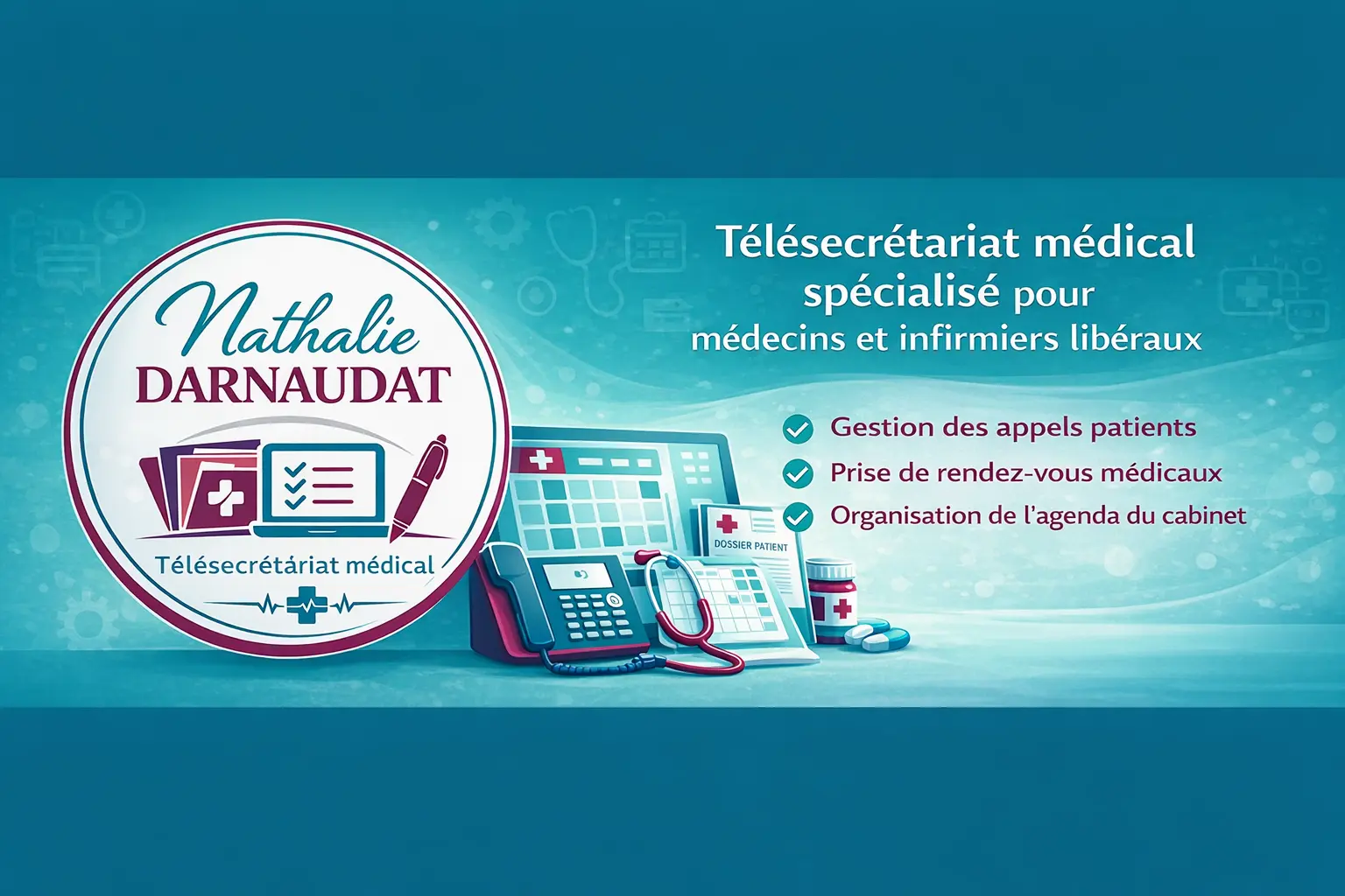 logo Nathalie Darnaudat avec des dossiers administratifs, un ordinateur portable et intitulé des services
